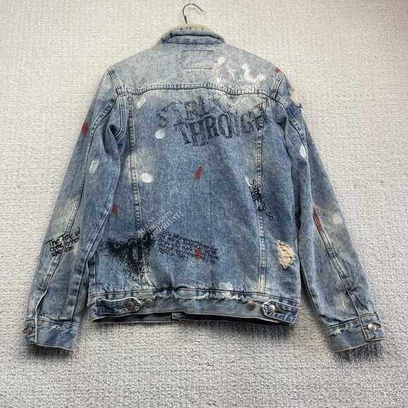 Y2K Zara Denim Punk Emo Goth Graffiti Jacket Sherpa Lined Distressed Men Size S - Picture 12 of 16